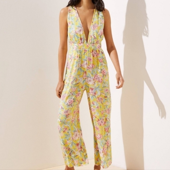 LOFT Beach Floral Double V Wide Leg Jumpsuit M NWT - Picture 1 of 10